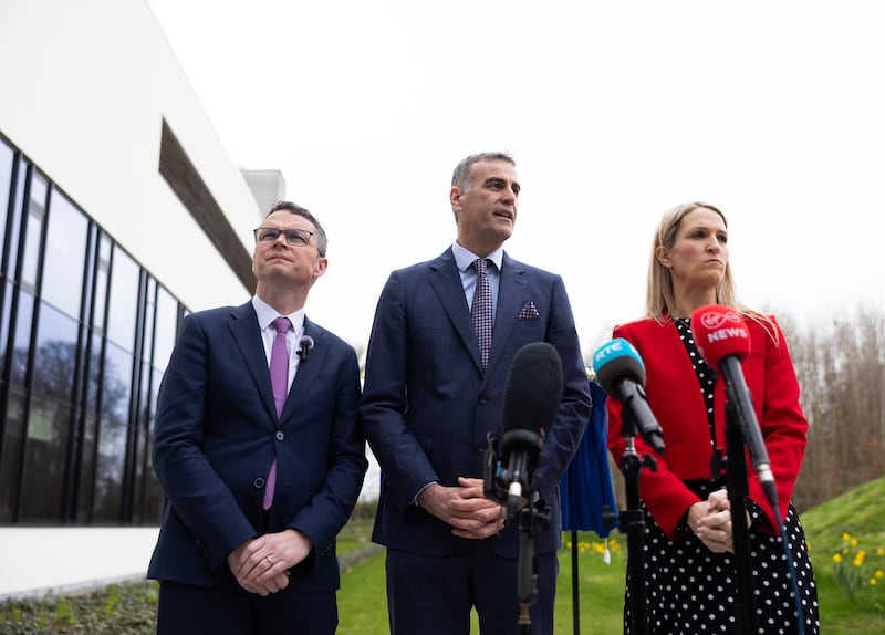 Minister of State with responsibility for the OPW Patrick O’Donovan, Forensic Science Ireland director general Chris Enright and Minister for Justice Helen McEntee speaking to reporters outside the new laboratory at its official opening on Thursday. Photograph: Sam Boal/Collins