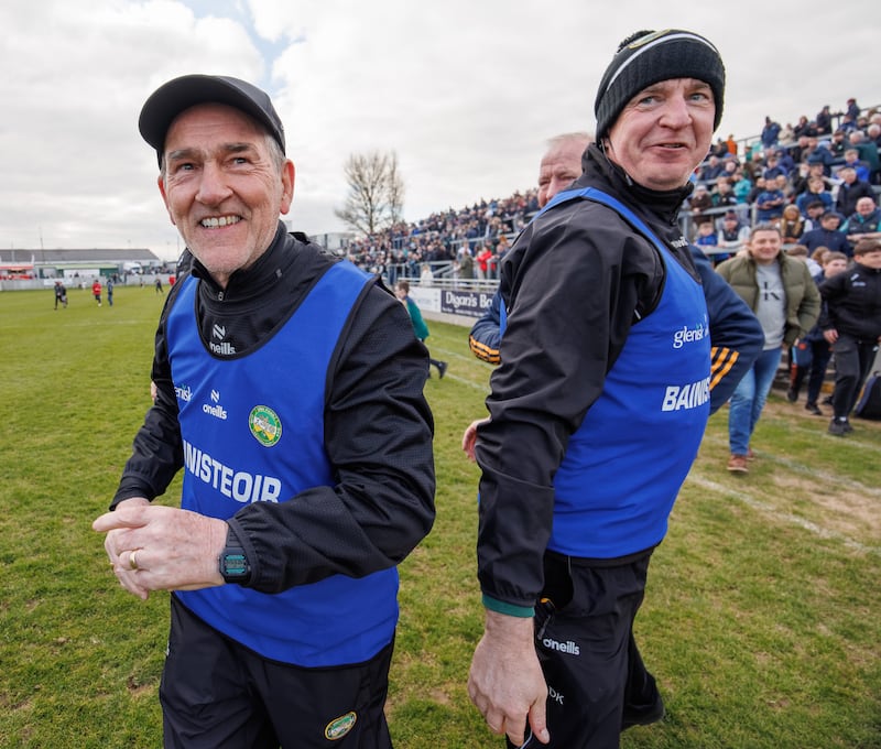 Offaly’s joint managers Mickey Harte and Declan Kelly celebrate after beating Kildare. Photograph: James Crombie/Inpho