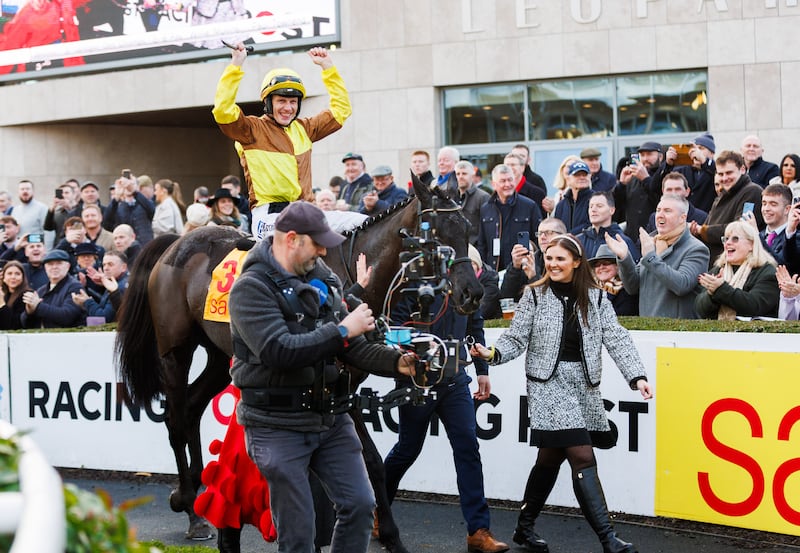 Paul Townend celebrates after winning the Savills Chase with Galopin Des Champs at the 2024 Leopardstown Christmas Festival on December 28th. Photograph: Tom Maher/Inpho