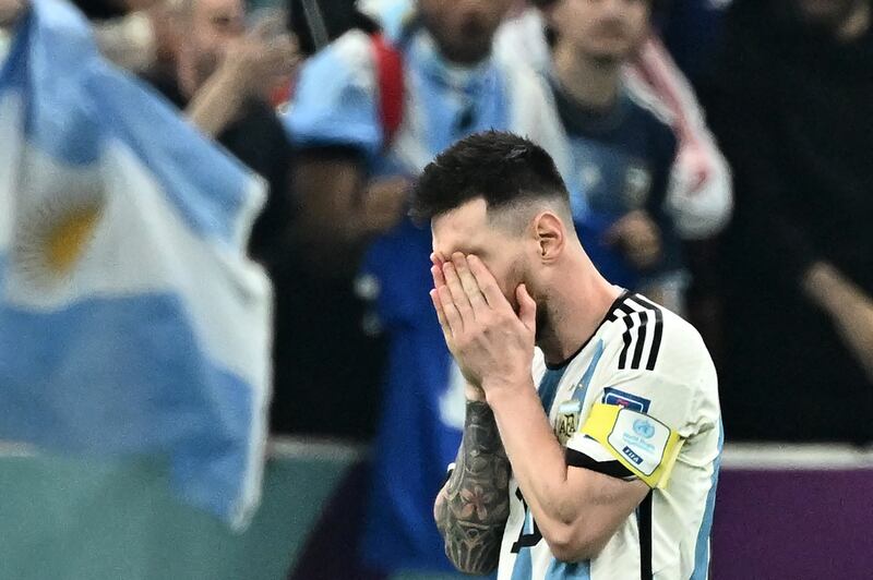 Argentina's Lionel Messi celebrates defeating Croatia 3-0 in the Qatar 2022 World Cup football semi-final match at Lusail Stadium in Lusail, north of Doha. Photograph: Jewel Samad/AFP/Getty 