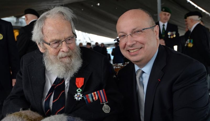 Irishman Michael d’Alton (left) in 2015 with the then French ambassador to Ireland, Jean Pierre-Thébault, after being awarded the Légion d'Honneur for his contribution to D-Day. Photograph: Eric Luke