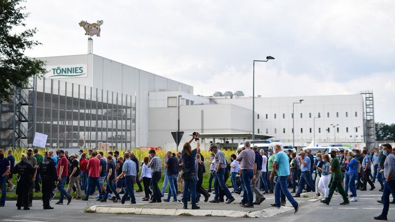 Farmers and pro-Tönnies demonstrators protest outside the  slaughterhouse and meat packing plant as the facility reopens following an outbreak during the coronavirus pandemic. Photograph:  Alexander Koerner/Getty Images