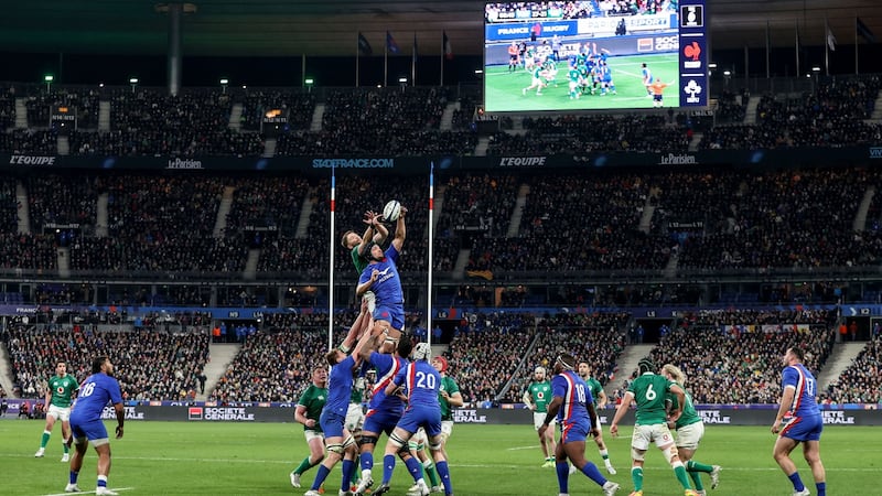 Francois Cros beats Iain Henderson to a critical lineout in France’s 22. Photograph: Dan Sheridan/Inpho