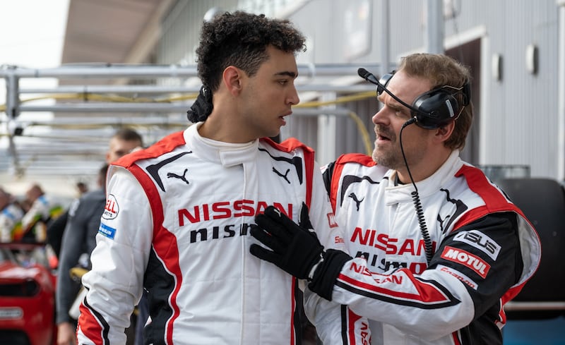 Archie Madekwe and David Harbour in Grand Turismo. Photograph: CTMG/Gordon Timpen