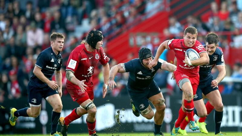 Leinster’s Sean O’Brien and Jonathan Sexton track Antoine Dupont of Toulouse. Photo: James Crombie/Inpho