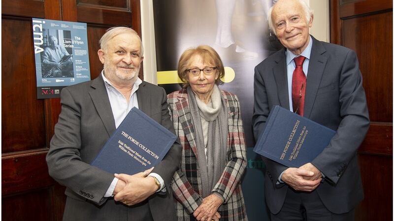 Nicholas Carolan, Caitlín Uí Éigeartaigh and Jackie Small at launch of The Forde Collection, which contains material dating back to the time of the Famine and before.