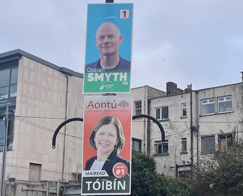 General election posters appear at Blackrock Dart station on Friday morning, November 8th