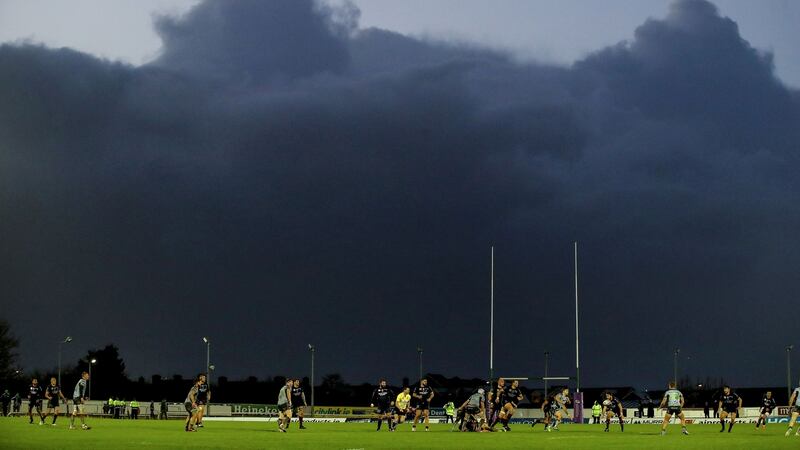 Dark skies gather over the Sportsground during Connacht’s Challenge Cup win over Perpignan. Photograph: Dan Sheridan/Inpho