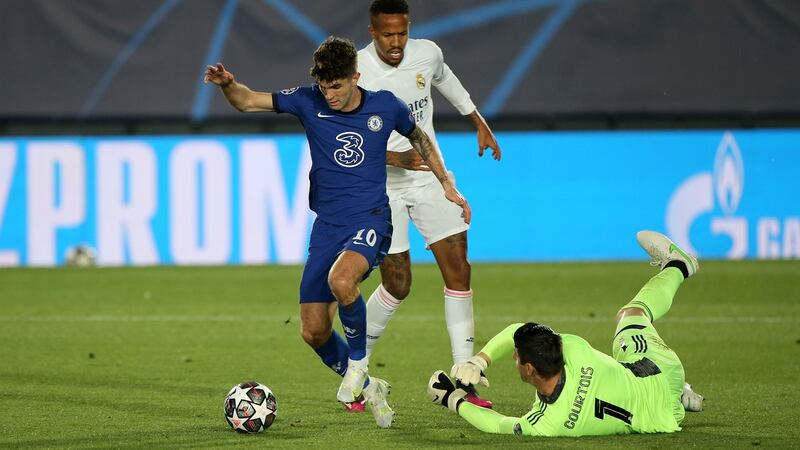 Chelsea’s Christian Pulisic skips past Real Madrid goalkeeper Thibaut Courtois to score  the opening goal during the Champions League semi-final, first leg match against Chelsea at Estadio Alfredo Di Stéfano in Madrid. Photograph:   Isabel Infantes/PA Wire