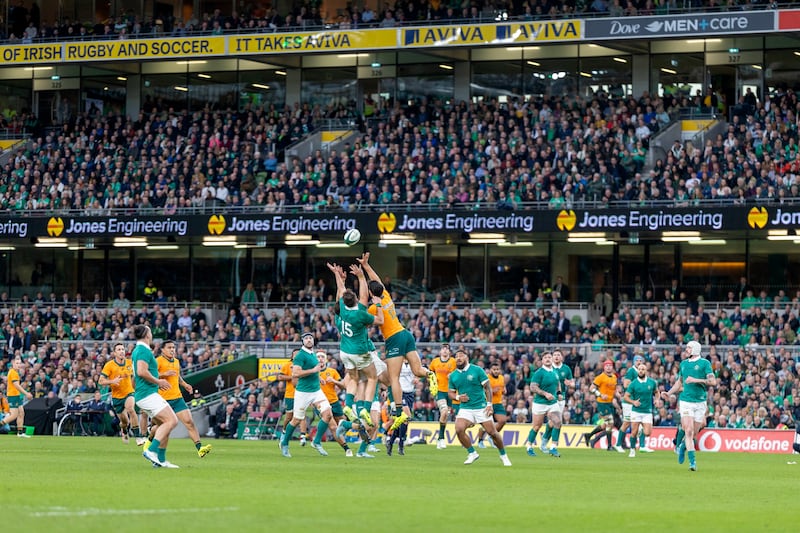 Hugo Keenan of Ireland and Australia's Joseph Sua'ali'i in action at the Aviva. Photograph: Tim Clayton/Corbis/Getty  