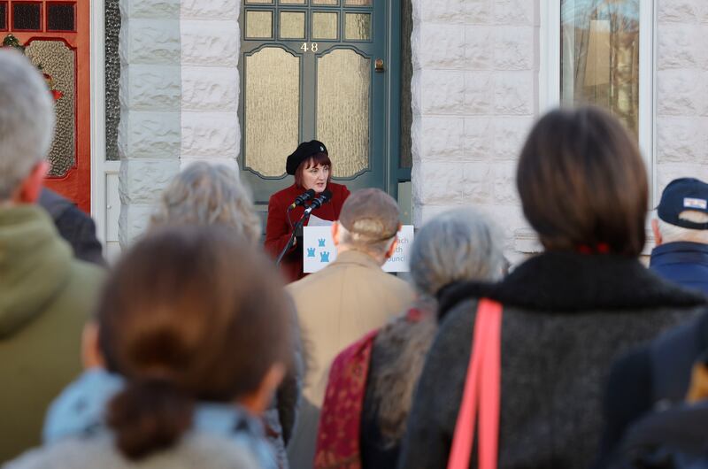 Writer Sinéad Gleeson speaking at the unveiling of a plaque at the house that writer Maeve Brennan grew up in, on the occasion of her birthday on January 6th, at Cherryfield Avenue Lower, Ranelagh. Photograph: Alan Betson/The Irish Times