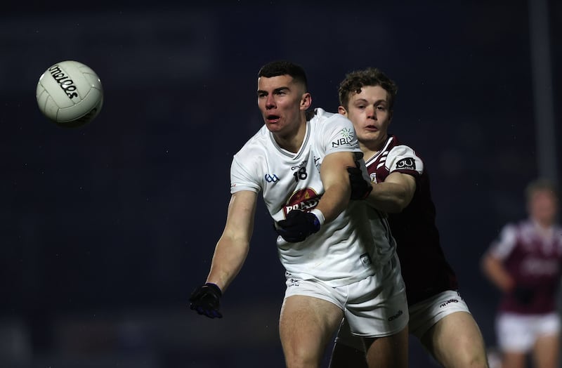 Kildare's Eoin Lawlor and Galway's Sean Kelly during a pre-season challenge game at St Conleth's Park. Photograph: Bryan Keane/Inpho