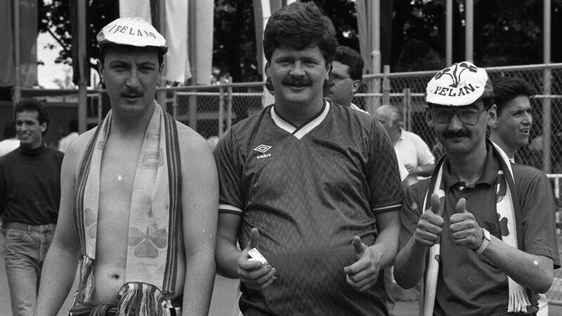 Irish fans at the Republic of Ireland v England game in Stuttgart during the 1988  European Championship Finals. Photograph:  Jim O’Kelly/Independent News And Media/Getty Images