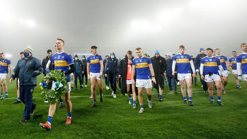 Tipperary’s manager David Power and Conor Sweeney lead their team to Hill 16 to lay a wreath in memory of Bloody Sunday. Photograph: James Crombie/Inpho