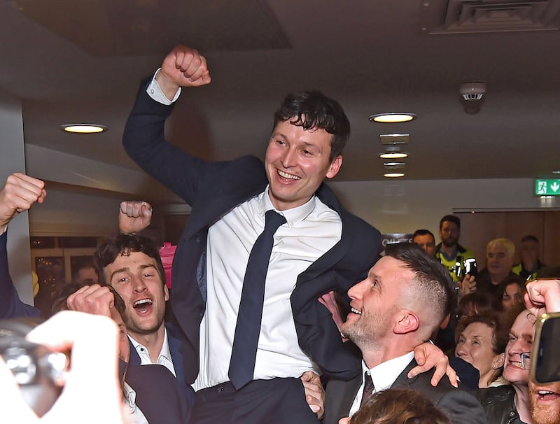 Aontú's Paul Lawless celebrates the results of the general election 2024 in Castlebar, co. Mayo Photograph: Conor McKeown