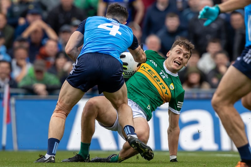 Dublin’s David Byrne with David Clifford of Kerry during Sunday's All-Ireland final. Dublin swarm-tackled the Kerry talisman to telling effect on several occasions. Photograph: Morgan Treacy/Inpho 