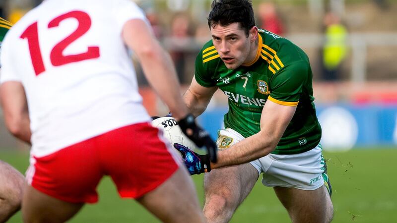 Meath’s Donal Keogan in action against Darren McCurry of Tyrone in their Allianz Football League Division One match at Healy Park, Omagh on January 26th. Photograph: Evan Logan