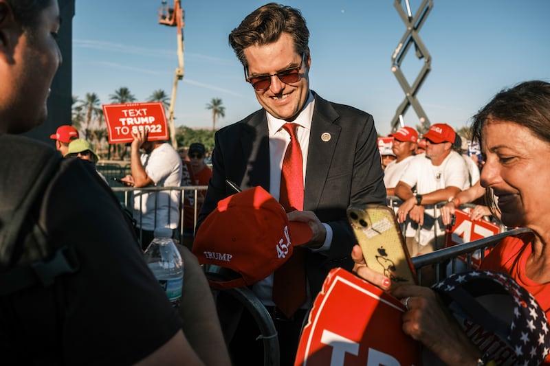 Matt Gaetz speaks with attendees during a campaign rally for Donald Trump in Coachella, California, on October 12th. Photograph: Jordan Gale/New York Times
                      