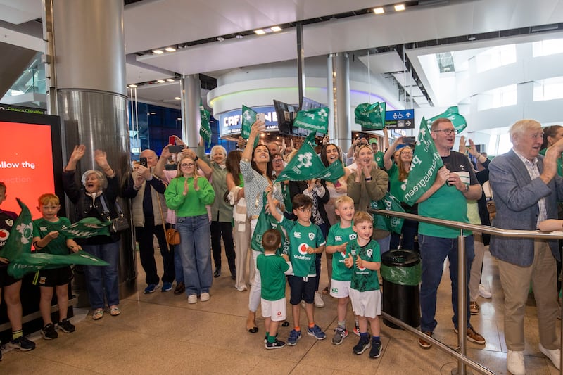 Family and friends of the Ireland Under-20s rugby team at Dublin Airport. Photograph: Tom Honan 