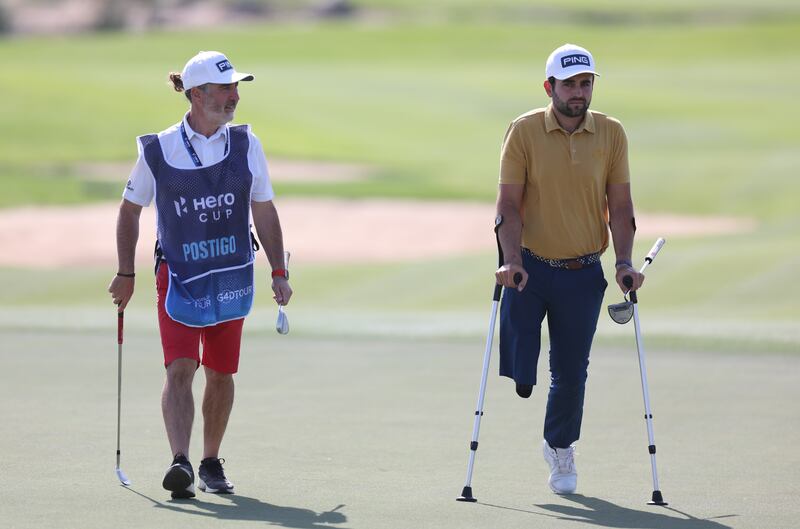 Juan Postigo Arce of Spain on the 18th green during The G4D Event at Abu Dhabi Golf Club in January. Photograph: Oisín Keniry/Getty Images