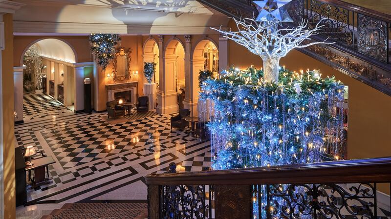 The Christmas tree in Claridge’s, London, designed by Karl Lagerfeld, head creative director of the fashion house Chanel.