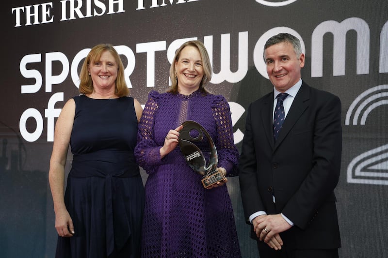 Lisa Clancy, accepting on behalf of Roisin Ni Riain at the Sportswoman of the Year awards. Photograph: Nick Bradshaw