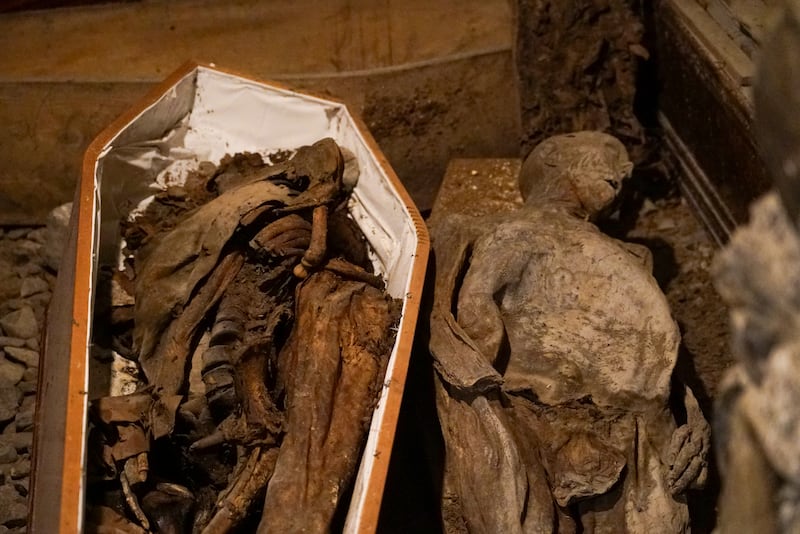 The remains of an 800-year-old mummified corpse known as The Crusader (left), which was badly damaged in 2024 when a vandal broke into the historic crypt of St Michan’s Church. Photograph: Enda O'Dowd