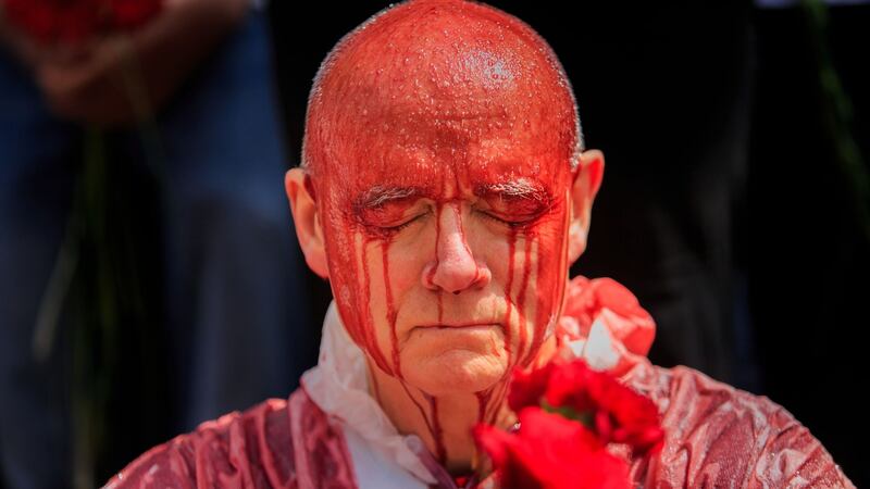 Stephen Cunningham from Rathgar, a member of Extinction Rebellion Ireland,  during a climate change protest at Leinster House on Tuesday.  Photograph: Gareth Chaney Collins