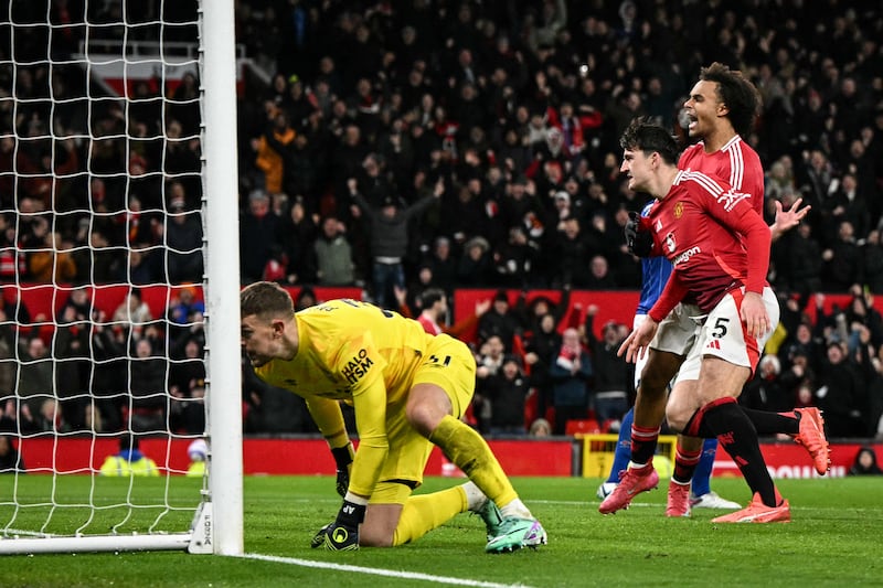 Manchester United's English defender Harry Maguire celebrates after scoring. Photograph: Oli Scarff/Getty