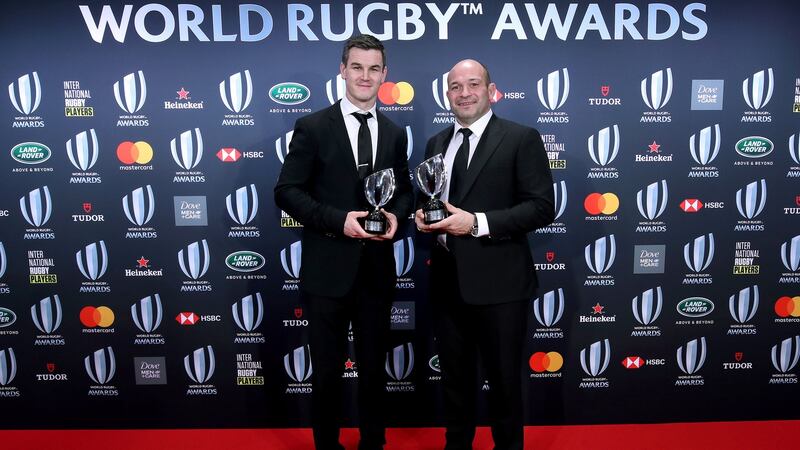 Johnny Sexton and Rory Best at the 2018 World Rugby awards. Photograph: Dan Sheridan/Inpho