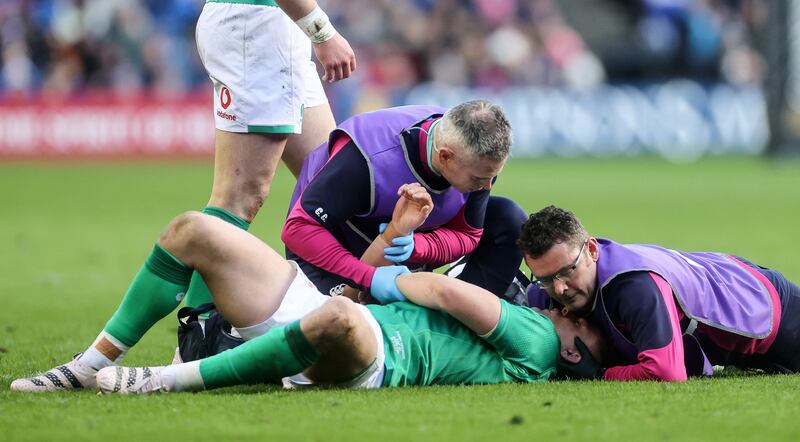 Ireland’s Garry Ringrose receives treatment during the Six Nations match between Ireland and Scotland at Murrayfield. Photograph: James Crombie/Inpho