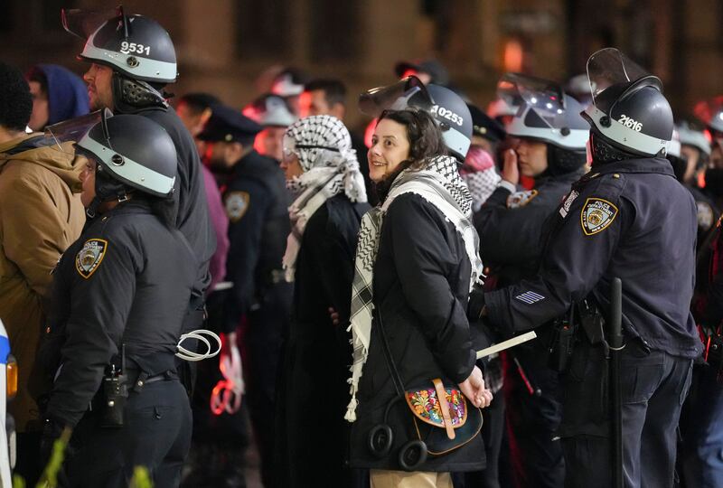 New York City police officers make arrests after entering Hamilton Hall at Columbia University after pro-Palestinian protestors had barricaded themselves in the building. Photograph: Stephani Spindel/EPA-EFE