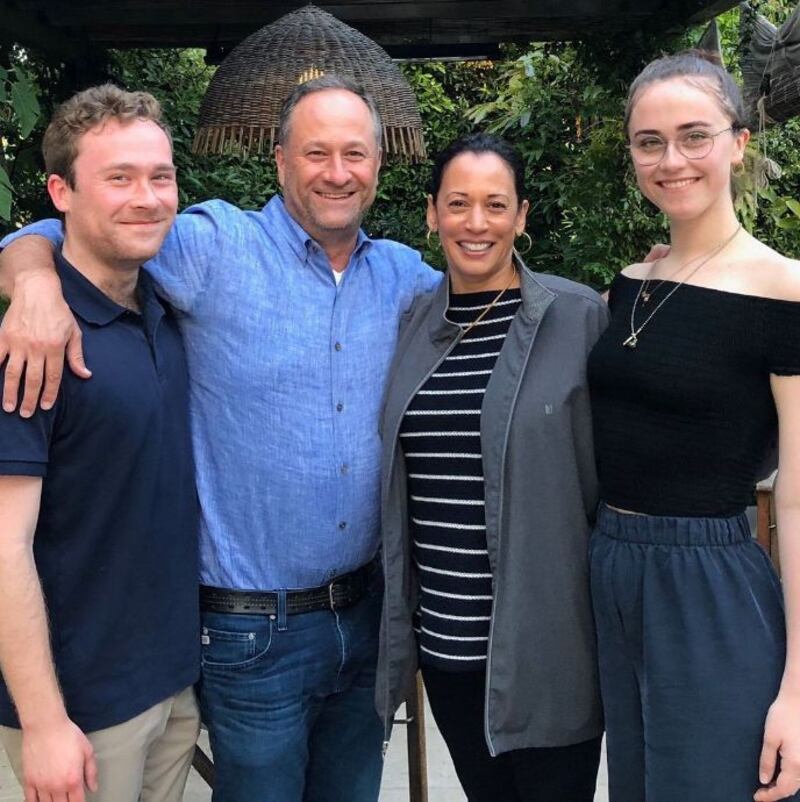 Second family: Cole and Ella Emhoff with their father, Doug, and stepmother, Kamala Harris. Photograph: Kamala Harris/Instagram