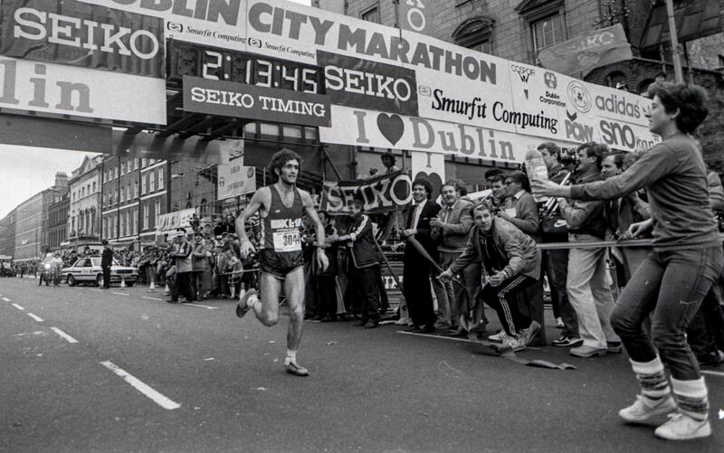 Jerry Kiernan crosses the line to win the Dublin Marathon in 1982. Photograph: Billy Stickland/Inpho 