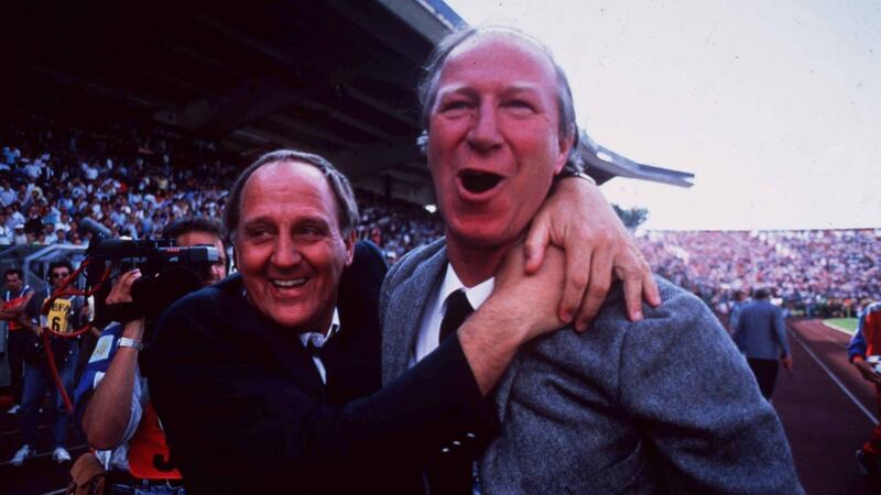 Manager Jack Charlton, right, and assistant manager Maurice Setters celebrate the Republic of Ireland’s 1-0 victory over England in Stuttgart. Photograph:  Ray McManus/Sportsfile