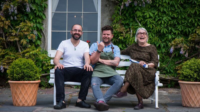 The calm before the storm: Richard Falk and Robin Gill  take a pre-festival breather with Darina Allen  outside Ballymaloe House on the first day of LitFest 2017. Photograph: Joleen Cronin