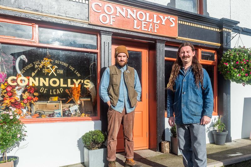 Friends Tadhg Walsh-Peelo and Sam McNicholl outide Sam's pub Connolly's of Leap in west Cork. Photograph: Andy Gibson