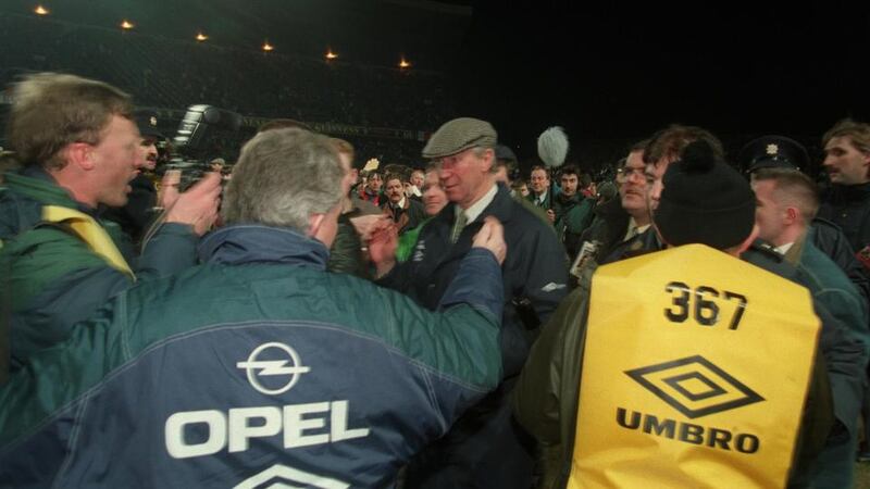 Ireland manager  Jack Charlton on the pitch after English fans had caused the match at Lansdowne Road to be abandoned. Photograph: Inpho/Billy Stickland