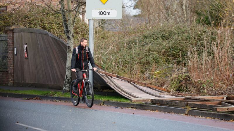 A damaged hoarding on Shinkeen Road in Celbridge, Co Kildare, as a result of damage due to Storm Barra. Photograph: Alan Betson