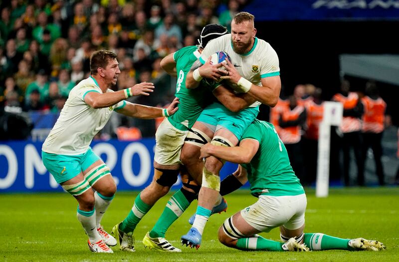 South Africa’s RG Snyman is tackled by Caelen Doris of Ireland during the titanic World Cup clash. Photograph: Dave Winter/Inpho