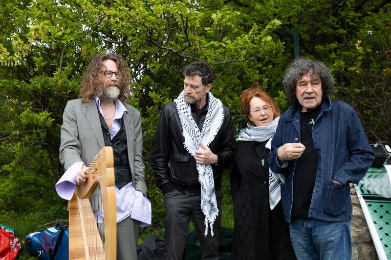 From left to right: Liam Ó’Maonlai, Steve Wall, Mary Coughlan and Stephen Rae at the protest. Photograph: Sam Boal/Collins Photos