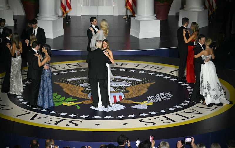 Donald Trump and Melania Trump, JD Vance and Usha Vance, Ivanka Trump and her husband Jared Kushner, Eric Trump and his wife Lara Trump, Donald Trump jnr and his daughter Kai Madison Trump, and Barron Trump and his cousin dance during the Liberty Ball. Photograph: Jim Watson/AFP via Getty