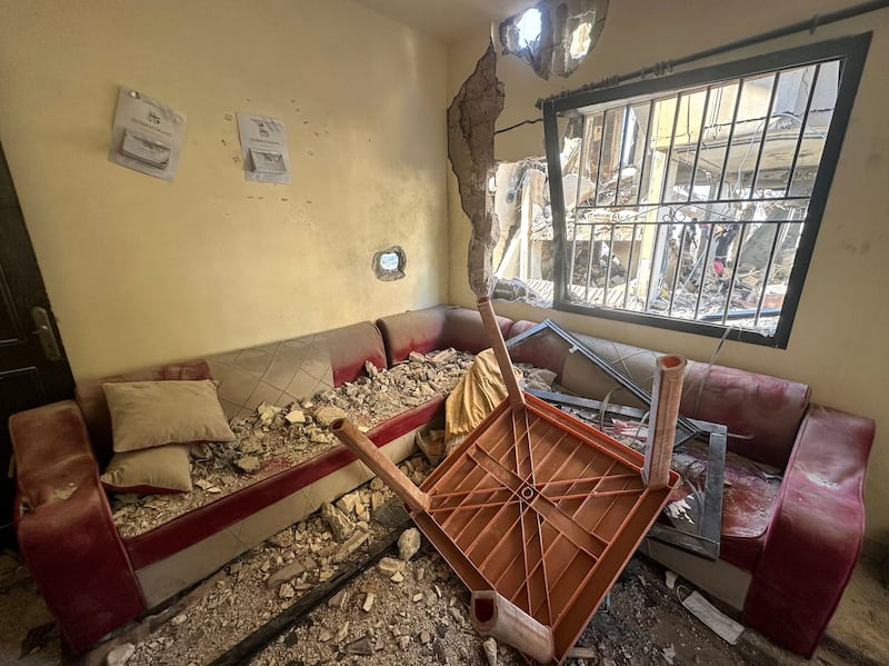 Debris and damaged furniture inside a residential building targeted by an Israeli airstrike the previous evening in the town of Barja, Chouf district, Mount Lebanon Governorate, Lebanon, on Wednesday. Photograph: Wael Hamzeh/EPA