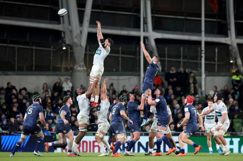 Leinster and Clermont players complete at a lineout. Photograph: Paul Faith/AFP via Getty Images