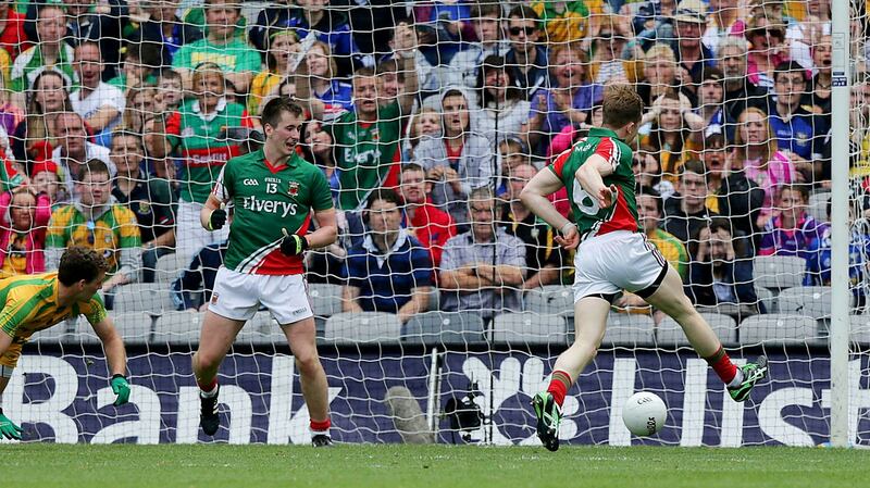 Donal Vaughan scores the goal against Donegal that turned a contest into a rout. Photograph: Morgan Treacy/Inpho