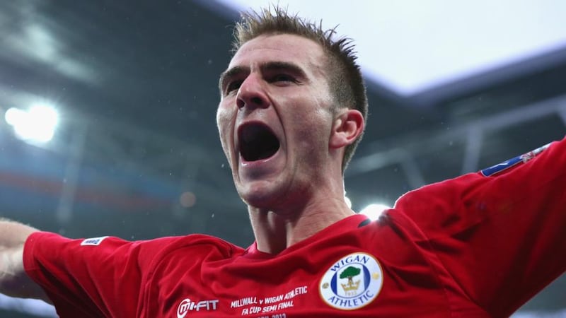 LONDON, ENGLAND - APRIL 13: Callum McManaman of Wigan Athletic celebrates scoring his team's second goal against Millwall during their FA Cup semi-final at Wembley. Photograph: Alex Livesey/Getty Images