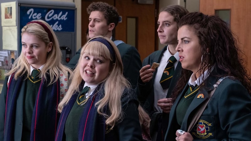 Saoirse Monica Jackson, Nicola Coughlan, Dylan Llewellyn, Louisa Harland and Jamie-Lee O’Donnell in Derry Girls. The TV show was an international success. Photograph: Peter Marley/Channel 4