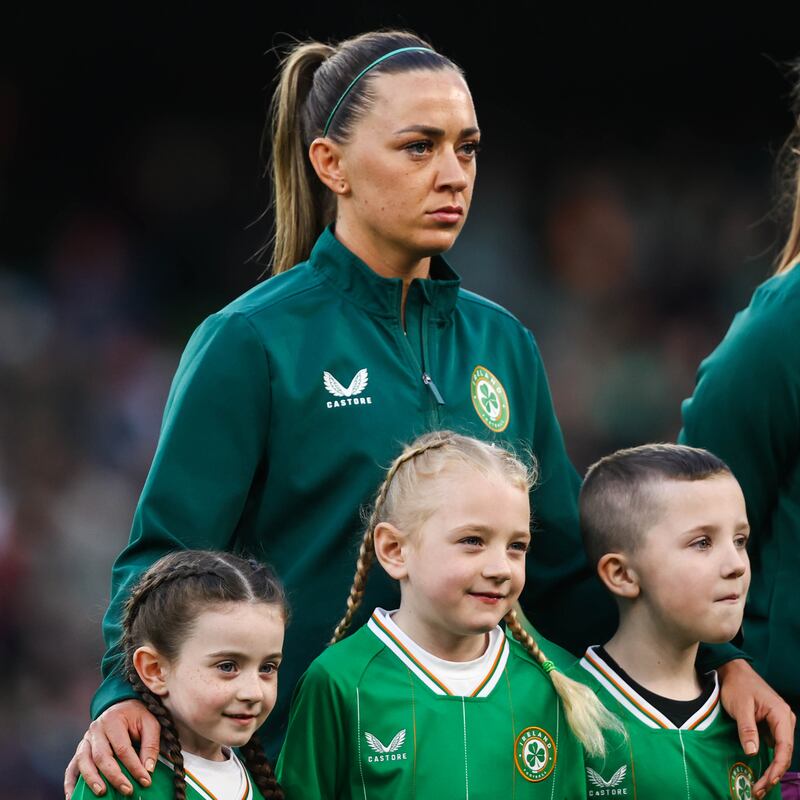 Ireland’s Katie McCabe during the national anthem ahead of the qualifier against England. Photograph: Ben Brady/Inpho