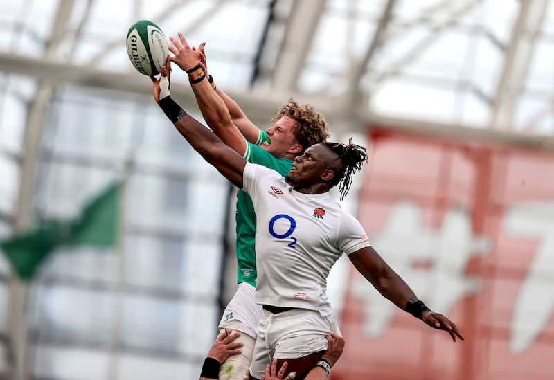 Ireland's Cian Prendergast and Maro Itoje of England compete at a lineout. File photograph: Dan Sheridan/Inpho