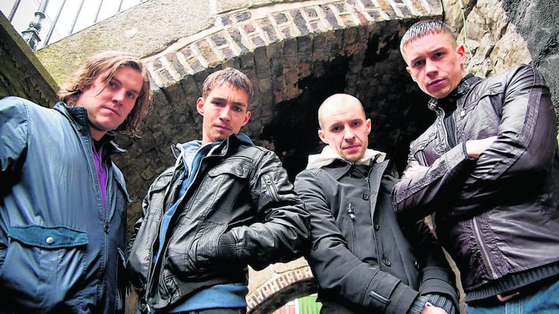 Peter Coonan, Robert Sheehan, Tom Vaughan Lawlor and Killian Scott in  the RTÉ drama Love/Hate